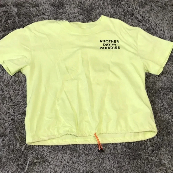 Neon Yellow Graphic Tee Another Day In Paradise Floral Back‎ Drawstring - Picture 1 of 3